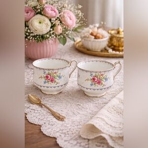 Classic Royal Albert Bone China – Set of 2 Vintage “Petit Point” Tea Cups